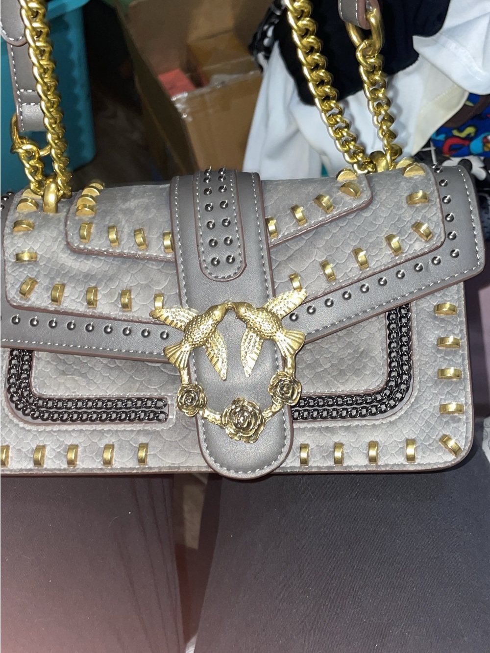 Gold-Accent Taupe Studded Shoulder Bag